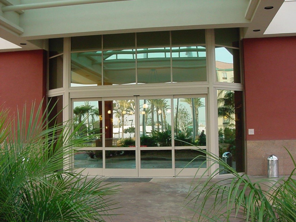 An entrance with reflective glass