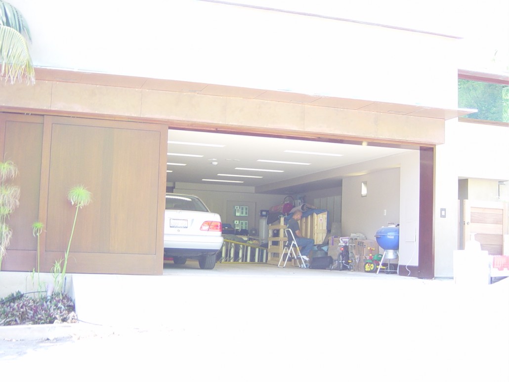 A brightly taken picture of a garage entrance