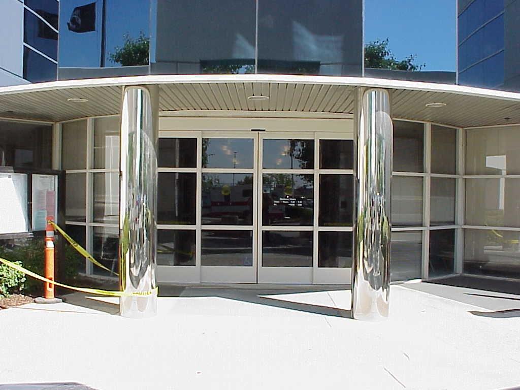 An exterior view of closed building doors